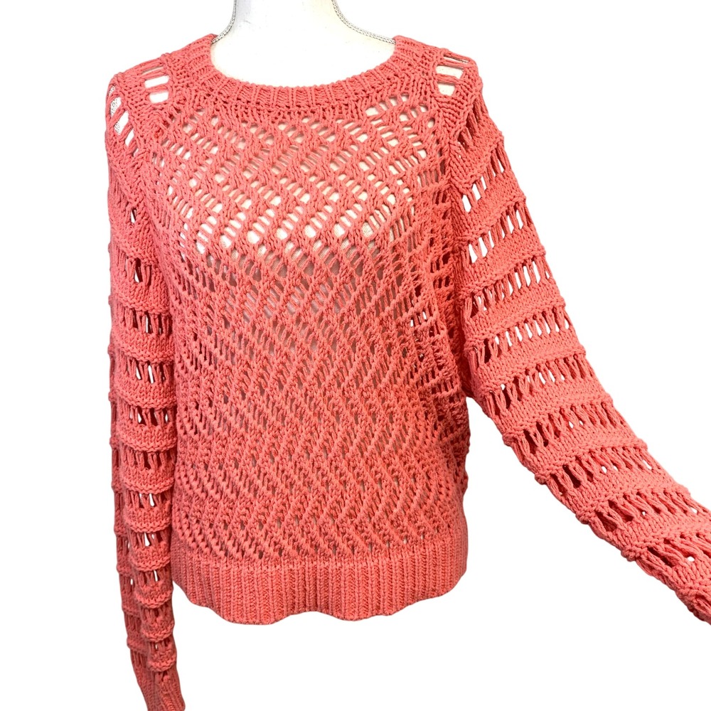 IRO Open Knit Crochet Sweater Coral Pink Organic Cotton Linen Women Medium